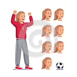 Soccer coach woman shouting raising clenched fist