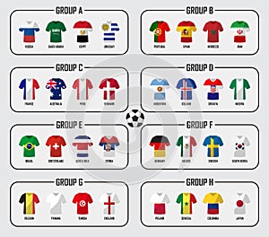 Soccer cup 2018 team group set . Football players with jersey uniform and national flags . Vector for international world champion