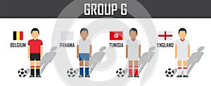 Soccer cup 2018 team group G . Football players with jersey uniform and national flags . Vector for international world championsh