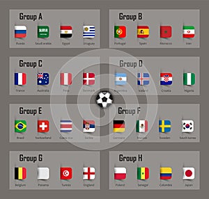 Soccer cup 2018 team group and national flags . Vector for international world championship tournament