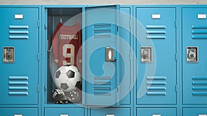Soccer equipment football ball, t\'shirt and bbots in a school locker room