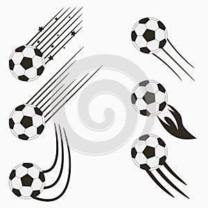 Soccer or European Football flying balls set with speed motion trails. Graphic design for sports logo. Vector.