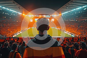 Soccer fan or football fan with flag at cheering while winning match. Generative AI