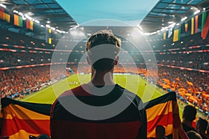 Soccer fan or football fan with flag at cheering while winning match. Generative AI