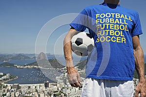 Soccer Fan Holding Football Rio de Janeiro Skyline Overlook