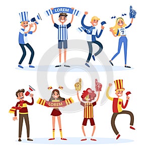 Soccer fan set. People with country flag support