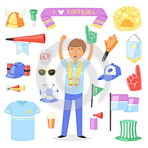 Soccer fan vector football character people with sports hand foam and soccerball illustration set of footballing