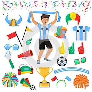 Soccer fan vector football character people with sports hand foam and soccerball illustration set of footballing