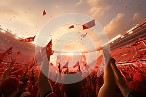 Soccer fans cheering their team with at crowded stadium