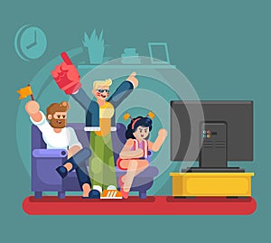 Soccer fans and friends watching tv on couch. Football match supporting people flat illustration. Football fan watch game m