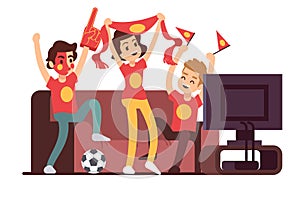 Soccer fans and friends watching tv on couch. Football match supporting people vector illustration