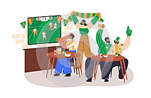 Soccer fans watching TV, sport match in cafe, restaurant. People cheering, celebrating score. Characters watch