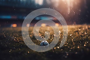 Soccer field with a ball in blurred scenery. Lights at night and stadium 3D. Ball on the tall grass.