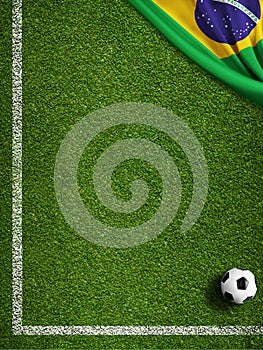 Soccer field with ball and flag of Brazil background