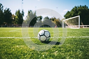 soccer field with ball in the net, daytime