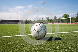 soccer field with ball in the net, daytime