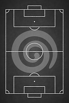 Soccer field chalked on blackboard. Football stadium on board. Vertical background of painted chalk sketch line. Overhead view. Ch photo