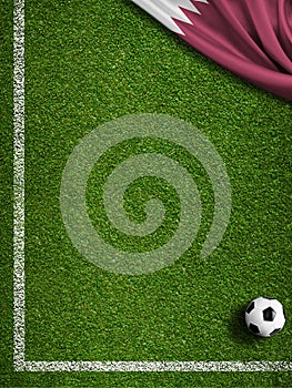 Soccer field corner, ball and Qatar flag 3d illustration