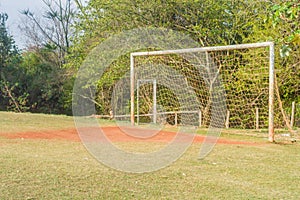 soccer field crossbar, soccer net and copy space, daylight