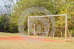 soccer field crossbar, soccer net and copy space, daylight