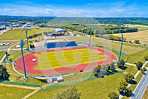 Soccer field green terrain aerial view