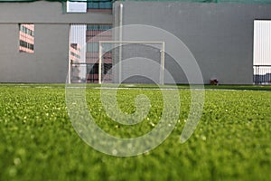 Soccer field markings. Soccer, football field. Lines on football stadium - sport background. Copyspace,close-up