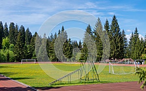 a soccer field is next to a field with pine trees