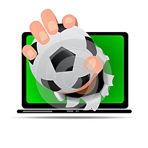 Soccer field on notbook with soccer ball in hand reflection on screen, this concept for live match score