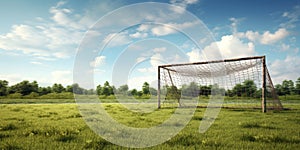 Soccer Field with Old Single Goalpost with Net. Rustic Soccer Goalpost on Green Grass. Old Stadium. Generative AI photo