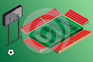 Soccer field outdoor stadium with red seat and score board