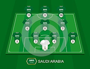 Soccer field with the Saudi Arabia national team players