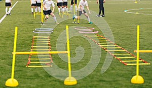 Soccer field with training equipment and players with coach in background