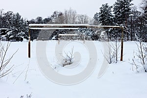 Soccer field in winter snow