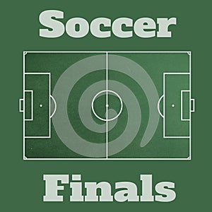 Soccer finals text and football pitch line markings in white on green background