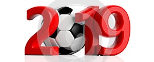 Soccer, football 2019. Red new year 2019 with soccer ball on white background. 3d illustration