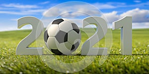 Soccer, football 2021. New year, green grass field, blue sky background. 3d illustration