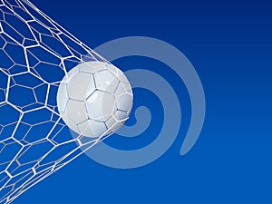 Soccer or Football 3d Ball on blue sky background. Football game match goal moment with realistic ball in the net and