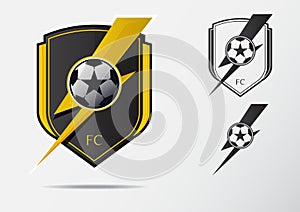 Soccer or Football Badge Logo Design for football team. Minimal design of golden thunderbolt and black and white soccer ball.