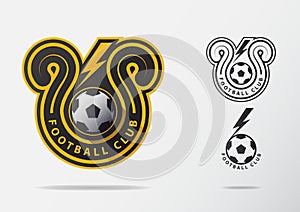 Soccer or Football Badge Logo Design for football team. Minimal design of golden thunderbolt and black and white soccer ball.