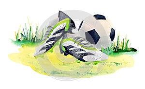 Soccer football ball and boots watercolor drawing. Lawn grass and trainers picture isolated on white background