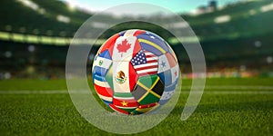 Soccer Football ball with flags of North America countries on the field of football stadium. North America concacaf championship