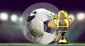 Soccer football ball and golden Cup. World stadium concept 3d