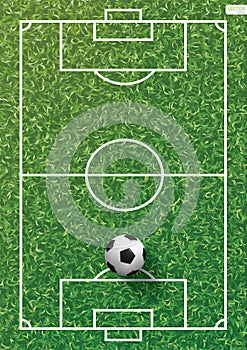 Soccer football ball on green grass of soccer field with line pattern.