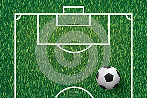 Soccer football ball on green grass of soccer field pattern and texture background. Vector