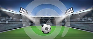 Soccer football ball on green grass of soccer field stadium background. Vector