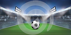 Soccer football ball on green grass of soccer field stadium background. Vector