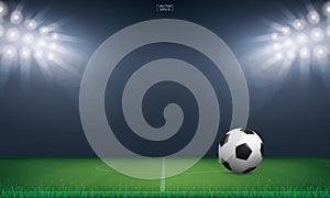 Soccer football ball and green grass of soccer field stadium background. Vector