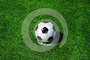 Soccer, football, ball, on penalty spot, classic black and white on clean green field, space for text, good for banner