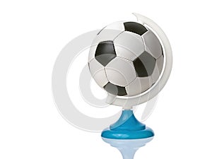 Soccer or football ball in place of earth planet globe isolated