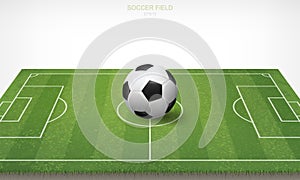 Soccer football ball in soccer field area and white background.